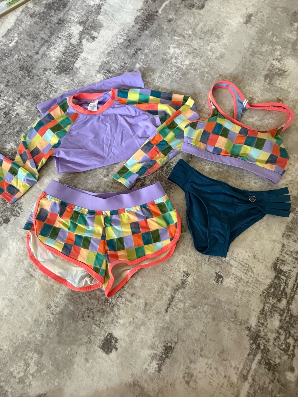 Body Glove Girls' Multicolor Check Bikini Set with Lavender Rash Guard